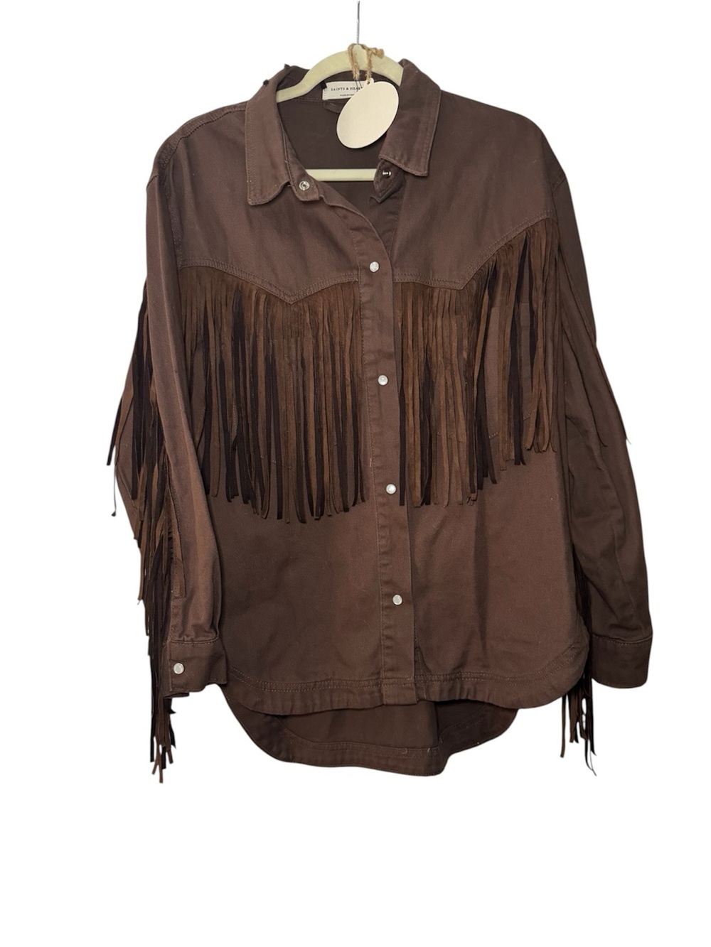 Saints & Hearts Cotton & Faux Suede Fringe Jacket Snap Front Festival Size L